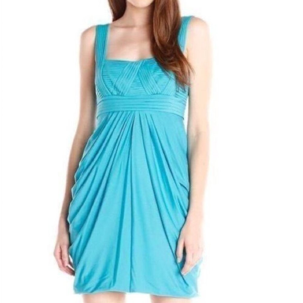 New BCBG MAXAZRIA Small S Cyan Blue Stretch Jersey Draped Pleated Cocktail Dress - Picture 1 of 9